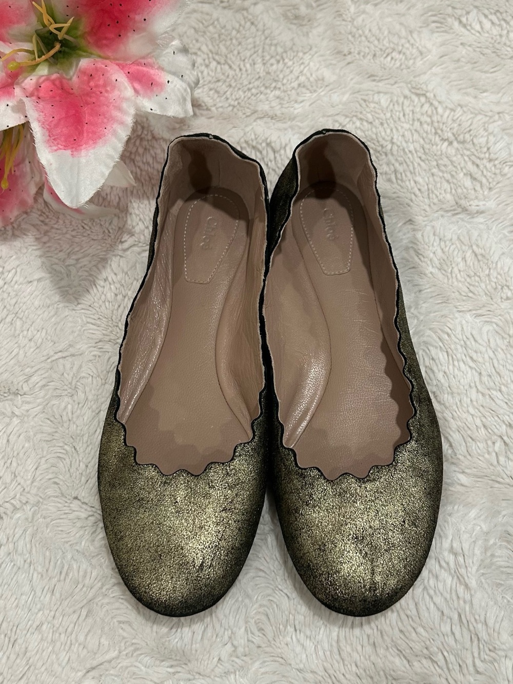 Chloé Metallic Rustic Gold Lauren Scalloped Leather Ballet Flat - Size 35